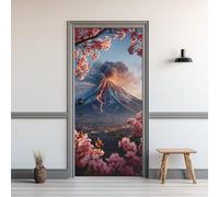 Stickers Porte Mont Fuji, Sticker Porte Volcan Fleurs de Cerisier, Autocollant Décoration Auto-adhésif Amovible PVC Impermé, Papier Peint pour Salon Chambre 77 x 200 cm