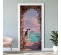Stickers Porte Mural Arche Fleur Paon, Autocollants De Porte Vue sur la Mer, 3D Amovible Vinyle Poster De Porte Jetée Côtière Intérieure Décoratif pour Chambre Salon Salle 63x205 cm W4v79