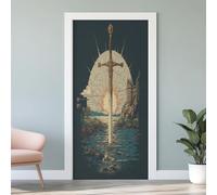 Stickers Porte Mural Épée de Chevalier, Autocollants De Porte Épée Médiéval, 3D Amovible Vinyle Poster De Porte Château Fantastique Intérieure Décoratif pour Chambre Salon Salle 63x205 cm U4s158