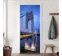 Stickers Porte New York Pont Poster Porte Trompe L'oeil, Effect 3D Vue Nocturne D'un Pont Autocollant, Auto-Adhésif Papier Peint Mural Chambre Salon Mur Décoration Art Sticker Muraux 90x210 cm m.2169