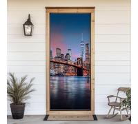 Stickers Porte New York Poster Porte Trompe L'oeil, Effect 3D Vue Nocturne de New York Autocollant, Auto-Adhésif Papier Peint Mural Chambre Salon Mur Décoration Art Sticker Muraux 95x215 cm m.1190