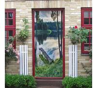 Stickers Porte Paysage De Pont En Bois Au Bord Du Lac Vert 90X200Cm 3D Trompe L'Oeil Autocollant De Porte Wall Mural Poster De Porte Amovible Adhésif Papier Peint Salon Chambre Salle De Bain Décora