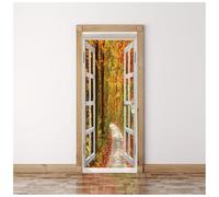 Stickers Porte Paysage De Sentier Forestier D'Automne 77X200Cm 3D Trompe L'Oeil Autocollant De Porte Wall Mural Poster De Porte Amovible Adhésif Papier Peint Salon Chambre Salle De Bain Décoration