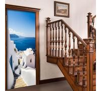 Stickers Porte Paysage Marin de Grèce Poster Porte Trompe L'oeil, Effect 3D Villa Océan Autocollant, Auto-Adhésif Papier Peint Mural Chambre Salon Mur Décoration Art Sticker Muraux 88x200 cm m.1860