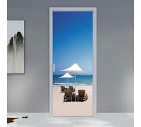 Stickers Porte Plage Bleu Beige Stickers Porte Placard Pvc Autocollant Habillage Porte Interieure Auto Adhésif Papier Peint Imperméable Facile à enlever 88x200cm