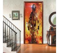 Stickers Porte Pompier Poster Porte Trompe L'oeil, Effect 3D Thème du Feu Autocollant, Auto-Adhésif Papier Peint Mural Chambre Salon Mur Décoration Art Sticker Muraux 90x210 cm m.4806