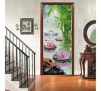 Stickers Porte Poster Vert Bambou Lotus Cygne Zen Méditation 90 X 200 Cm 3D Papier Peint Porte Trompe L'Oeil Pour Salon Chambre Décoration De La Maison Stickers Muraux Imperméable Stickers Amovibles
