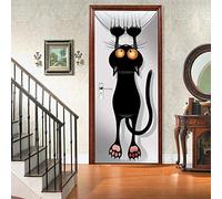 Stickers Porte Trompe L'Oeil 3D Chat Noir 77 X 200 Cm Auto-Adhésif Autocollants Papier Peint - Pvc Imperméable Amovible Diy Vinyle Murales Chambre Salon Cuisine Decoration Murale