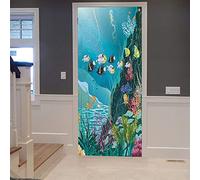 Stickers Porte Trompe L'Oeil 3D Récif Corallien De Plantes De Poissons Marins 90 X 210 Cm Auto-Adhésif Autocollants Papier Peint - Pvc Imperméable Amovible Diy Vinyle Murales Chambre Salon Cuisine De