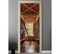 Stickers Porte Trompe L'oeil Bibliothèque Poster Pour Porte Bibliothèque en Bois Papier Peint Autocollant Porte Chambre Décoration Auto Adhésif Imperméable Sticker Porte 80x210 cm 8568A