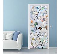 Stickers Porte Trompe l'oeil Effect 100x200cm Vitrail Sticker Porte 3D Autocollant Mural Feuilles et Fleurs PVC Autocollants Papier Peint pour Chambre Salle de Bain Imperméable Amovible (DS112)