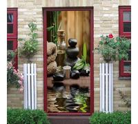 Stickers Porte Trompe L'oeil Spa Asiatique Poster Pour Porte Feuilles de Bambou Papier Peint Autocollant Porte Chambre Décoration Auto Adhésif Imperméable Sticker Porte 77x200 cm 2045A