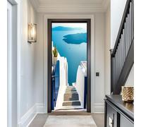 Stickers Porte Villa en Bord de Mer Poster Porte Trompe L'oeil, Effect 3D Paysage de La Grèce Autocollant, Auto-Adhésif Papier Peint Mural Chambre Salon Mur Art Sticker Muraux 77x200 cm m10316