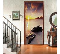Stickers Porte Vue Sur La Plage Et L'océan Poster Porte Trompe L'oeil, Effect 3D Coucher du Soleil Autocollant, Auto-Adhésif Papier Peint Chambre Mur Décoration Art Sticker Muraux 95x215 cm m.2058