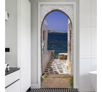 Stickers Porte Vue Sur Océan Poster Porte Trompe L'oeil, Effect 3D Paysage de La Grèce Autocollant, Auto-Adhésif Papier Peint Mural Chambre Salon Mur Décoration Art Sticker Muraux 77x200 cm m9546