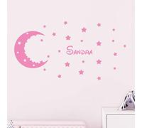 Stickers Prénom Personnalisé | Sticker Autocollant Lunes et étoiles - Décoration Murale Chambre Enfant | 1 Planche Lune de 30 x 30 cm et 1 planche Alphabet 40 x 25 cm - Rose