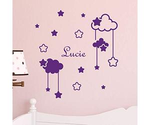 Stickers Prénom Personnalisé | Sticker Autocollant Nuages et étoiles - Décoration Murale Chambre Enfant | 1 Planche Nuage et étoiles de 30 x 25 cm et 1 Planche Alphabet 40 x 30 cm - Violet