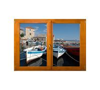 Stickers trompe l'oeil fenêtre Petit port de pêche - L 70cm x H 50cm