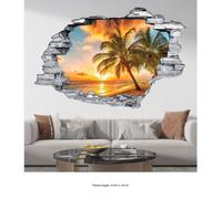 Stickers Trompe l'oeil trou dans le mur - Lumaléa - Plage Palmiers - Pierres rouges - Hauteur 30 x Largeur 45 cm
