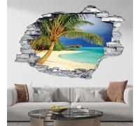 Stickers Trompe l'oeil trou dans le mur - Plage Palmiers 3617682367863 - Pierres rouges - Hauteur 60 x Largeur 90 cm