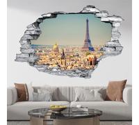Stickers Trompe l'oeil trou dans le mur - Tour Eiffel 3617681626343 - Pierres grises - Hauteur 90 x Largeur 135 cm