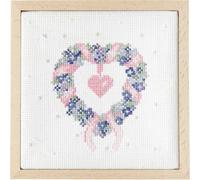 Stickpackung Gezählter Kreuzstich, Herzkranz im Dekorahmen, quadratisch, Größe L, 14 x 14 cm