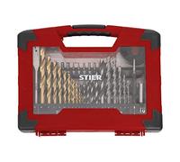 STIER Jeu de forets scies et embouts en titane, 100 pièces, 28 forets, HSS-TiN, jeu d'embouts, valise à outils, pour une multitude d'applications sur bois, métal et pierre, longue durée de vie