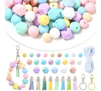 Stiesy Kit de fabrication de porte-clés en silicone avec pendentifs à pompon, fermoirs mousqueton, perles rondes hexagonales couleur macaron, 15 mm, 144 pièces, kit de loisirs créatifs