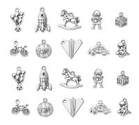 Stiesy Lot de 100 breloques vintage en argent tibétain - 10 styles - Motif : fusée - Robot de basket-ball - Dinosaure - Pour loisirs créatifs, fabrication de bijoux