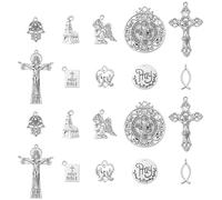 Stiesy Lot de 100 breloques vintage en forme de croix - 10 styles - Pendentifs tibétains religieux en argent antique - Christianisme, Jésus, poisson - Bible pour la fabrication de bijoux, bracelets et