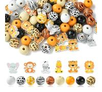 Stiesy Lot de 100 perles en bois peintes par pulvérisation pour loisirs créatifs, 16 mm, perles rondes d'espacement zèbre, singe, tigre, éléphant, lion, perles en bois avec trou pour décoration