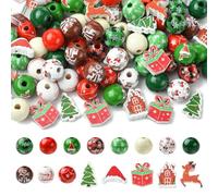 Stiesy Lot de 100 perles rondes en bois sur le thème de Noël pour loisirs créatifs - Perles en bois en vrac, crhistmas, chapeau, cerf, boîte - Accessoires de festival pour bijoux, fêtes, loisirs
