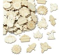 Stiesy Lot de 100 tranches de bois vierges sur le thème du jour de l'Action de grâce, dinde, citrouille, maïs, champignons, formes artisanales, découpes en bois pour peinture, loisirs créatifs