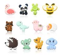 Stiesy Lot de 12 perles en silicone de 12 styles d'animaux en silicone abeille, éléphant, tortue, hérisson, perles d'espacement en vrac pour la fabrication de porte-clés, stylos à perler, fabrication