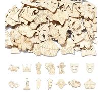 Stiesy Lot de 200 décorations en bois brut brut sur le thème du cirque Mardi Gras pour travaux manuels, chapeaux, couronnes, tentes, masques de maquillage, trompettes, éléphants, découpes en bois