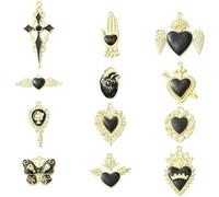 Stiesy Lot de 24 breloques gothiques en émail noir en forme de cœur sacré avec aile d'épée, tête de mort, papillon pour fabrication de bijoux, colliers, bracelets, boucles d'oreilles, loisirs créatifs