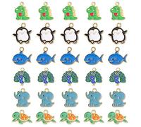 Stiesy Lot de 30 breloques en émail, 6 modèles, charmes d'animaux océaniques en émail, charme mignon de tortue de mer, pingouin, dinosaure, pour la fabrication de bijoux, bracelets, loisirs créatifs