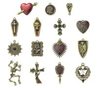Stiesy Lot de 30 breloques gothiques d'Halloween en bronze antique, tête de mort, crucifix, cercueil, cœur sacré rouge, pendentifs tibétains pour la fabrication de bijoux, colliers, bracelets, loisirs