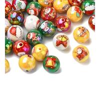 Stiesy Lot de 50 grosses perles rondes sur le thème de Noël - 16 mm - Imprimé bonhomme de neige, Père Noël, bas de Noël - Perles d'espacement en acrylique en vrac pour sac, chaîne, bracelet, collier,