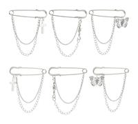 Stiesy Lot de 6 broches argentées antiques de 3 styles - Épingles à nourrice robustes - Papillons tibétains - Croix - Pour chaussettes, bijoux, écharpes, pulls, châles - Décoration pour vêtements