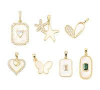 Stiesy Lot de 7 breloques en laiton doré avec micro pavé de zircones cubiques en forme de cœur, papillon, étoile, octogonal ovale pour fabrication de bijoux, bracelets, colliers, boucles d'oreilles