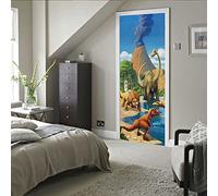 stikers murals salon 40x120cm(15.74 inches * 47.24 inches) Dinosaures volcans Papier Peint Porte Sticker Porte Muraux 3D Intérieure Trompe L'Oeil Décoration Autocollants De Porte Imperméable Amovible