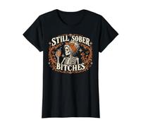 Still Sober Bitches Skeleton Messy Bun Drinking Coffee T-Shirt Graphique avec Valeur, Femme, Noir, XS
