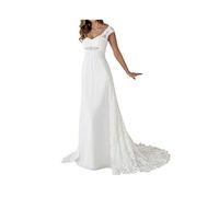 Stillluxury Robe de mariée en mousseline de soie à la taille de l'Empire Robes de mariée pour la mariée Cap manches une ligne robe de mariée w84 - Blanc - 50
