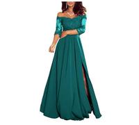 Stillluxury Robe de soirée en mousseline de soie à épaules dénudées à manches longues avec fente en dentelle Appliques MM127, A-bleu sarcelle, 46