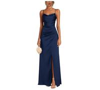 Stillluxury Robes de demoiselle d’honneur en satin pour femmes, style sirène, longue robe de bal avec fente, bretelles fines, robe de soirée formelle, bleu marine, 34