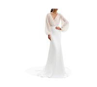 Stillluxury Sirène Robes de Mariée pour Mariée avec Manches Longues Dos Nu Élégant Robe de Soirée W78 - Blanc - 34