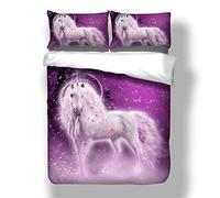 Stillshine Ensemble de literie Lit Simple 140x200 Housse de Couette et Taies d'oreiller 3D Animaux Licorne Fleurs Print Doux Couverture de lit Microfibre avec Fermeture à Glissière