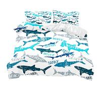 Stillshine Literie Housse De Couette Simple 140x200 cm Océan École de Poisson Créatif Dessin Animé Requin Impression Enfants Cadeau, Anti-humidité, Anti-acariens, Lisse Et Confortable
