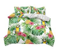 Stillshine Literie Lit Double 200x200 Perroquet Toucan Fruit de la Plante Tropicale Ananas Housse de Couette et taie 3 Pièces Vert Rouge Jaune Fermeture éclair Polyester ultrafin